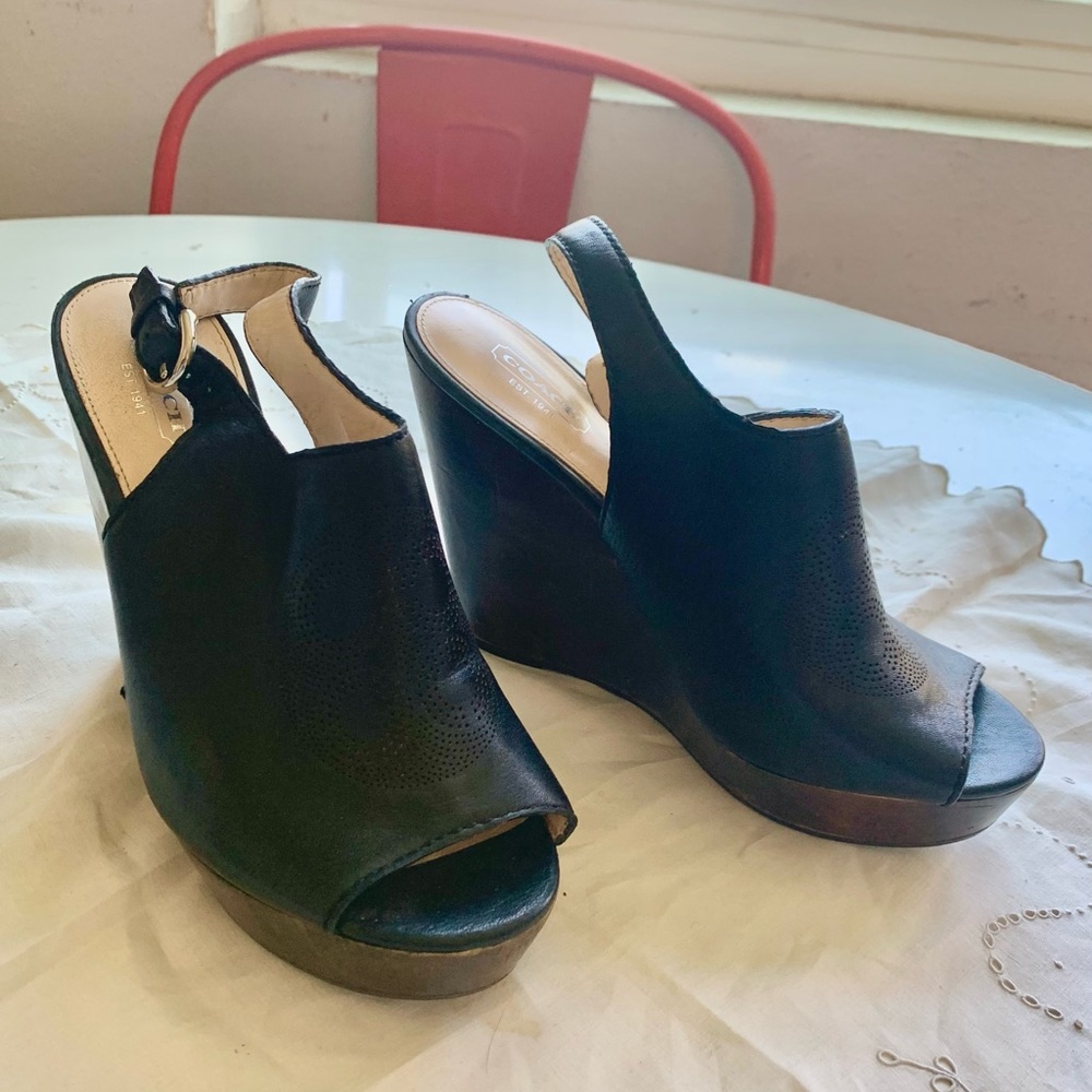 Vintage Coach sling back wood wedge heels. Black.